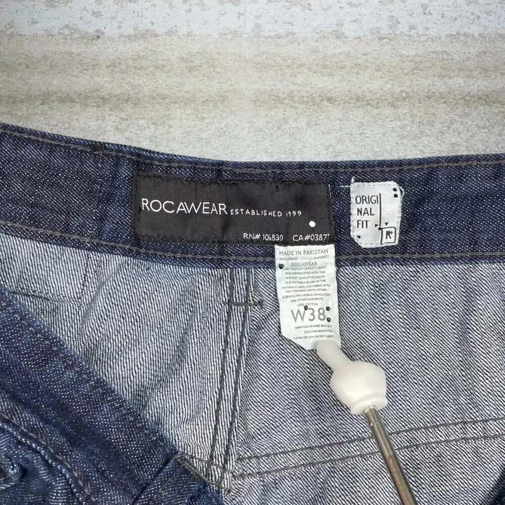 Vintage Y2K Rocawear Jeans 38x28 Baggy Wide Leg Dark Wash Denim Embroidered_4